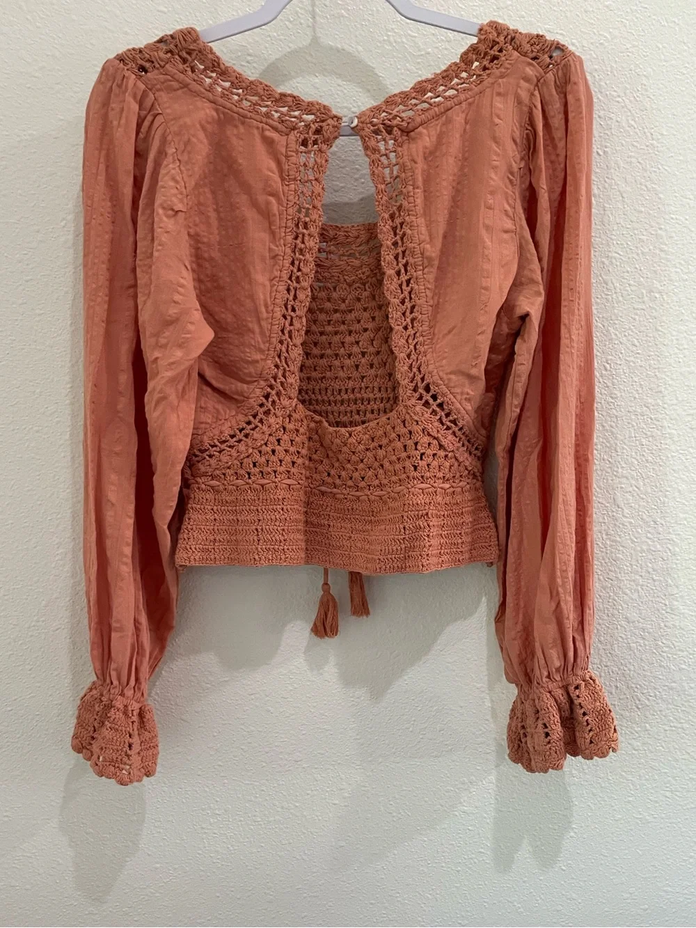 Free People Crochet Feminine Long Sleeve Top Boho Puff Sleeve Vintage